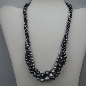 RMN Necklace  Silver Pewter Faux Pearls Three Strand Twist Graduated 18-21"